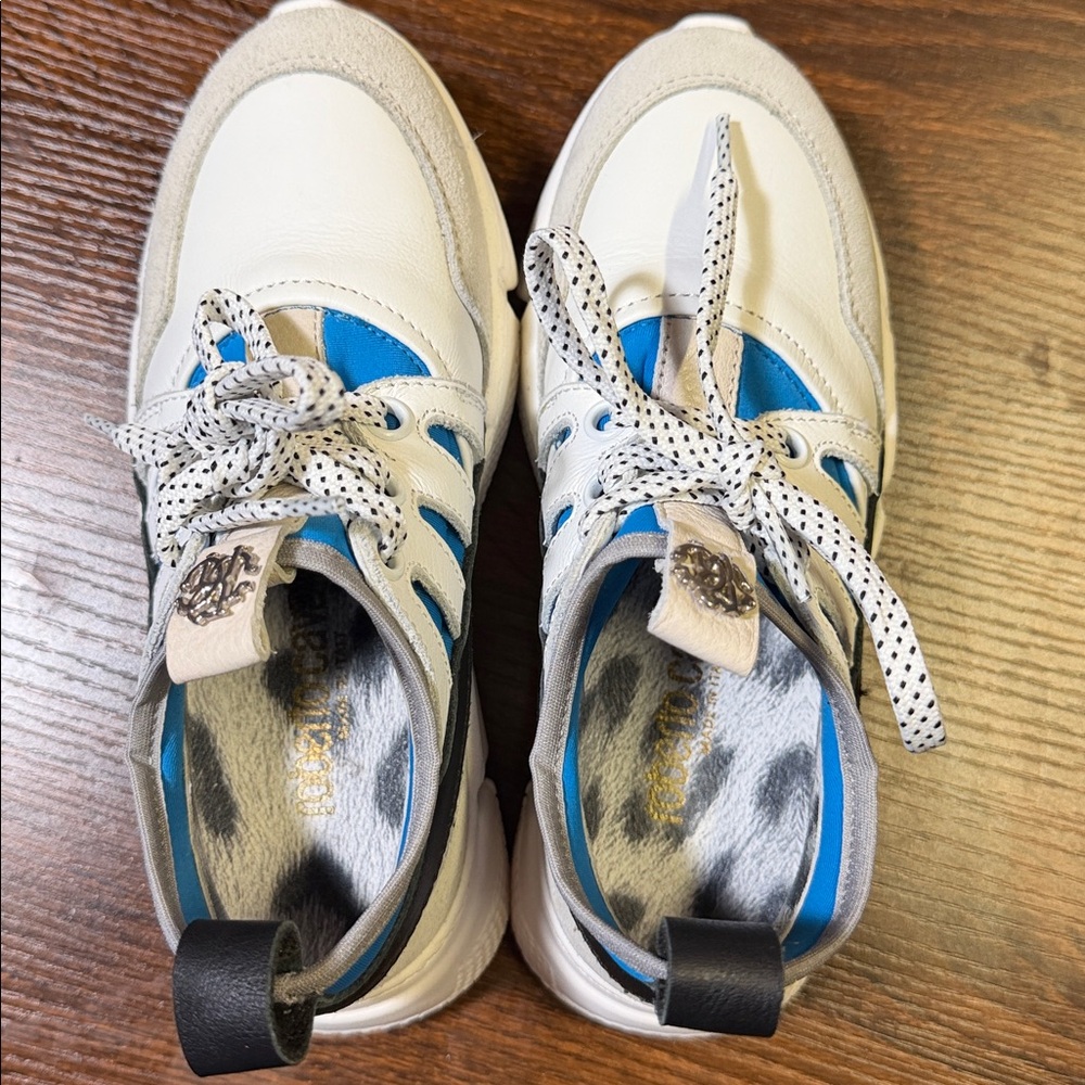 Roberto Cavalli Kids White Sneakers with Blue & Black Accents